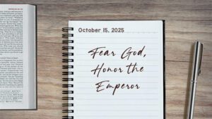 a notebook on a table next to a pen. Journal entry dated October 15, 2025. Entry titled "Fear God, Honor the Emperor"